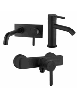 Set Rubinetti Jacuzzi Per Lavabo A Parete Con Piastra E Bidet Senza Scarico E Doccia Esterno Serie Sunset YO Nero Opaco