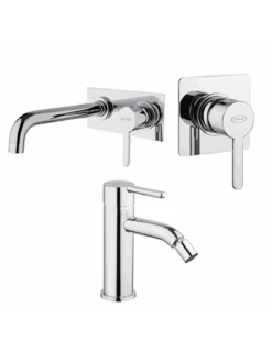 Set Rubinetti Jacuzzi Per Lavabo A Parete Con Piastra E Bidet Senza Scarico E Doccia Incasso Serie Sunset Cromato