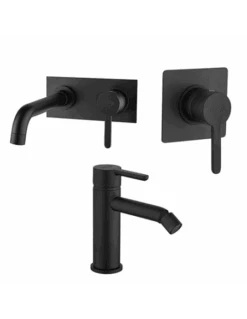 Set Rubinetti Jacuzzi Per Lavabo A Parete Con Piastra E Bidet Senza Scarico E Doccia Incasso Serie Sunset YO Nero Opaco