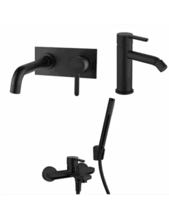Set Rubinetti Jacuzzi Per Lavabo A Parete Con Piastra E Bidet Senza Scarico E Vasca Serie Sunset YO Nero Opaco