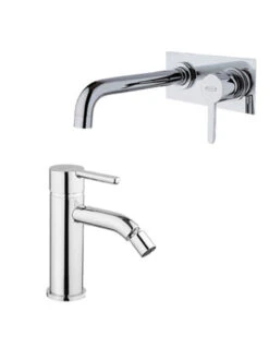 Set Rubinetti Jacuzzi Per Lavabo A Parete Con Piastra E Bidet Senza Scarico Serie Sunset Cromato