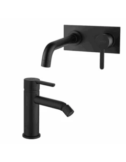 Set Rubinetti Jacuzzi Per Lavabo A Parete Con Piastra E Bidet Senza Scarico Serie Sunset YO Nero Opaco