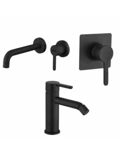 Set Rubinetti Jacuzzi Per Lavabo A Parete E Bidet Senza Scarico E Doccia Incasso Serie Sunset YO Nero Opaco