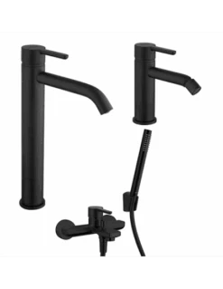 Set Rubinetti Jacuzzi Per Lavabo Alto E Bidet Senza Scarico E Vasca Serie Sunset YO Nero Opaco