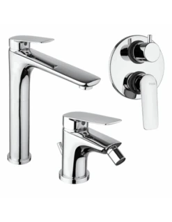 Set Rubinetti Piralla Per Lavabo Alto E Bidet Con Scarico Automatico E Doccia Incasso Con Deviatore Serie Lago Cromato