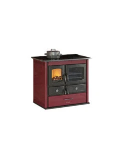 Termocucina A Legna 13 KW Idro Anselmo Cola Termo Helena Comby Con Rivestimento In Acciaio Colore Bordeaux